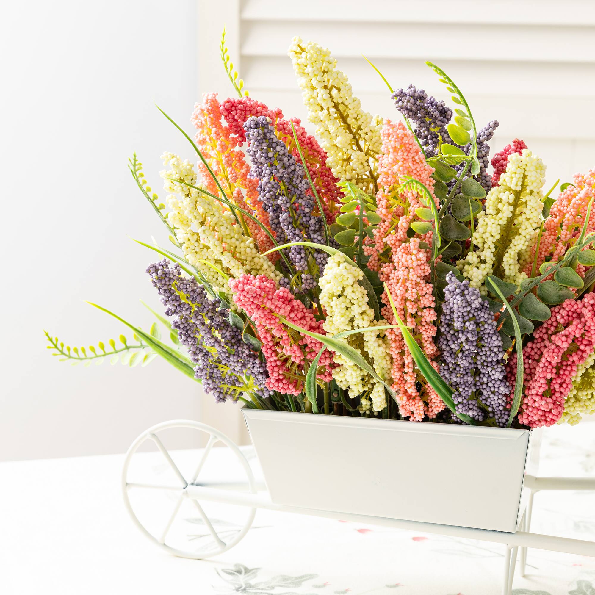 Glitzhome® 11" Pink, Purple & Yellow Mixed Heather Cart Centerpiece